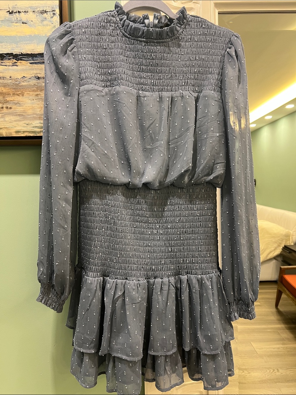 Aqua Slate Blue Smocked Long-Sleeve Ruffle Dress